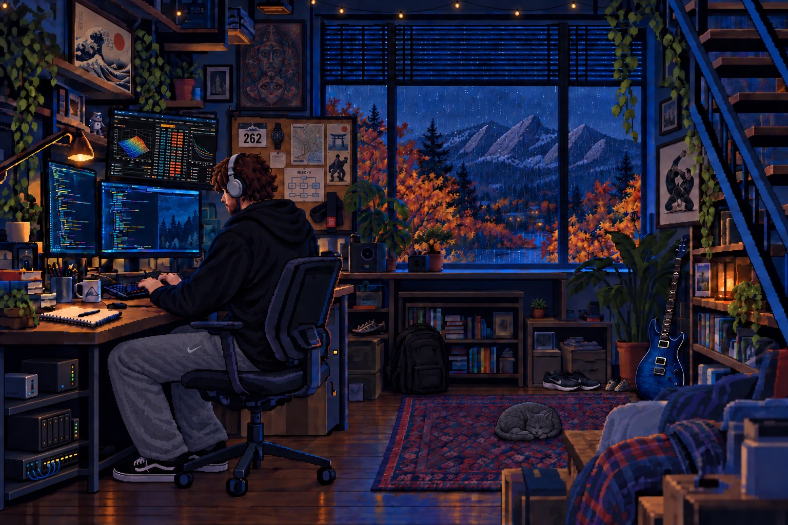 A pixel-art mountain workstation at night. Luke codes as rain falls outside; a grey cat sleeps on the rug.